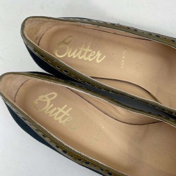 Butter Women’s Corduroy Flats 6.5 Leather Trim Kitten Heel Black Tan - Picture 3 of 7